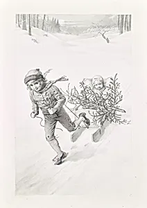 Zwei Kinder, durch Winterlandschaft fahrend