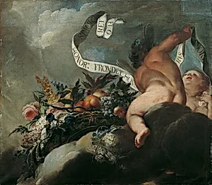 Zwei Putti mit Blumen, Früchten und Spruchband