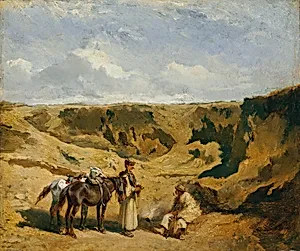 Zwei Ungarn mit zwei Pferden in der Puszta