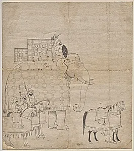 A drawing of Caparisoned Elephant and Horses by Unknown Artist
