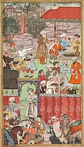 A feast for Babur hosted by his half-brother Jahangir Mirza in Ghazni in May 1505, from a Babur-nama (Memoirs of Babur)