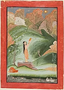 A girl worshipping the rising sun (Surya puja)