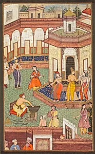 A Man Dips His Hand into a Cauldron as Ladies of the Harem Stand in Amazement: A Page from a Manuscript of Religious History by Unknown Artist