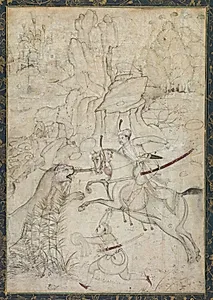 A Mounted Prince Hunting Lion in a Rocky Landscape by Khem Karan (Indian)