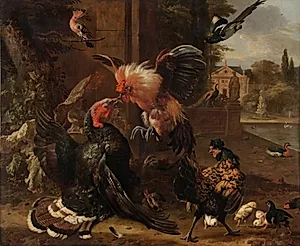 A Rooster and Turkey Fighting by Melchior de Hondecoeter (Dutch, 1636–1695)