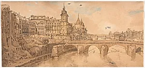 A Selection of Twenty of the Most Picturesque Views in Paris:  View of Pont au Change, the City Theatre, Pont Neuf, Conciergerie Prison, and taken from Pont Notre Dame by Thomas Girtin (British, 1775–1802)