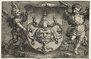 A Shield Bearing a Mask Supported by Two Genii