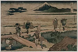 A View of Mount Fuji and Travellers by a Bridge