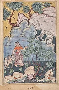 A woman with two children, having abandoned her home, goes into the forest where she encounters a leopard, from a Tuti-nama (Tales of a Parrot): Thirtieth Night by Unknown Artist