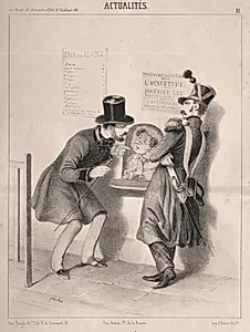 Actualités:  L'Ouverture du second théatre français.  Mr. tout est plein vous ne trouveriez pas même un place au paradis!  si vous voulez revenir dans un quinzaine, peut-être que nous en aurons! by Clémente Pruche (French, 1831–1870)