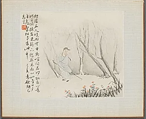 Album of Landscape Paintings Illustrating Old Poems:  Man with a Staff Admires Chrysanthemums at a Fence