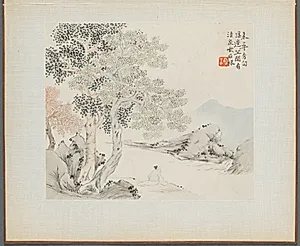 Album of Landscape Paintings Illustrating Old Poems:  Three Big Trees, a Stream with an Old Man Sitting on the Bank by Hua Yan (Chinese, 1682–c. 1765)