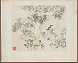 Album of Landscape Paintings Illustrating Old Poems: Two Women with Needlework in a Garden