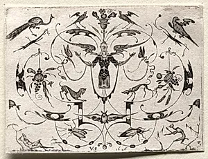 Arabesque with Peacock, Parakeet, Dogs and Insects by Valentin Sezenius (German)