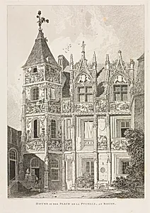Architectural Antiquities of Normandy (Vol. II), Pl. 64:  House in the Place de la Pucelle, at Rouen by John Sell Cotman (British, 1782–1842)
