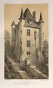 Architecture Pittoresque ou Monuments des XVeme. Et XVIeme. Siecles: Chateaux de France des XV et XVI Siecles: Pl. 60, Maison Fortifiée À Uzerches (Corrère) by Victor Petit (French, 1817–1874)