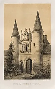 Architecture Pittoresque ou Monuments des XVeme. Et XVIeme. Siecles: Chateaux de France des XV et XVI Siecles: Pl. 96, Porte du Prieuré de Torteval (Calvados) by Victor Petit (French, 1817–1874)