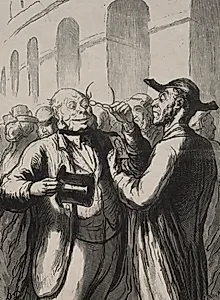 At the Universal Exhibition: Security check at the entrance: the bald need to lift their hats, and the short-sighted need to remove their glasses. by Honoré Daumier (French, 1808–1879)