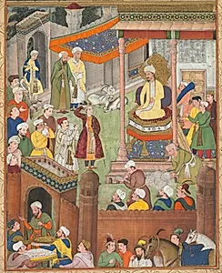 Babur receives booty and Humayun’s salute after the victory over Sultan Ibrahim in 1526, from an Akbar-nama (Book of Akbar) of Abu’l Fazl (Indian, 1551–1602) by Unknown Artist