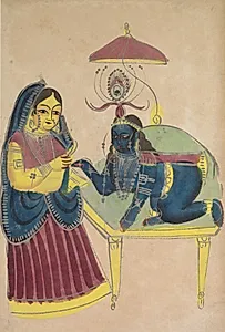 Baby Krishna Asking for Butter from Yashoda, from a Kalighat album by Unknown Artist