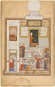 Bahram Visits the White Domed Pavilion on Friday, illustrated with text in Khamsa of Nizami (verso), from a Haft Paykar (Seven Portraits) of Nizami by Unknown Artist