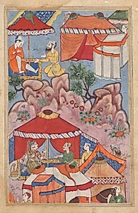 Bashir confides his love for Habbaza to an Arab friend, and sends him to her with a message, from a Tuti-nama (Tales of a Parrot): Twenty-fourth Night by Unknown Artist
