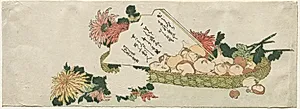 Basket with Fan, Chrysanthemums, and Mushrooms