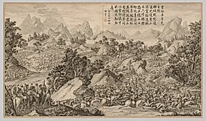 Battle at Heshi Kuluke: from Battle Scenes of the Quelling of Rebellions in the Western Regions, with Imperial Poems by Jean Damascene Sallusti (Italian, d. 1781)