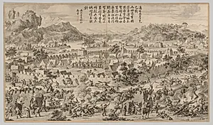 Battle at Tunggushi Luke: from Battle Scenes of the Quelling of the Rebellions in the Western Regions, with Imperial Poems by Unknown Artist