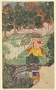 Battle of Ravana and Jatayu, from Chapters 50 and 51 of the Aranya Kanda (Book of the Forest) of Valmiki's Ramayana (Rama’s Journey); folio from the "Burnt" Ramayana by Unknown Artist
