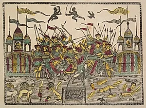 Battle Scene at Kurukshetra from the Mahabharata War (verso), from a Kalighat album by Shri Gobinda Chandra Roy (Indian, active late 1800s)
