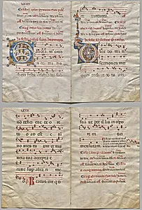 Bifolio from a Gradual:  Initial (G) with Christ, the Virgin, and Apostles and Initial (O) (recto); Music and Text (verso) by Unknown Artist