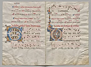 Bifolio from a Gradual:  Initial (G) with Christ, the Virgin, and Apostles and Initial (O) (recto) by Unknown Artist