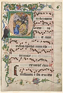 Bifolio from an Antiphonary: Historiated Initial O with the Nativity by Unknown Artist