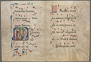 Bifolium from an Antiphonary: Initial M with Saint Dominic Preaching by Primo Miniatore di San Domenico (Italian)