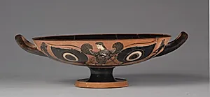 Black-Figure Eye Cup: Iris and Satyrs (A, B); Gorgoneion (I) by Unknown Artist
