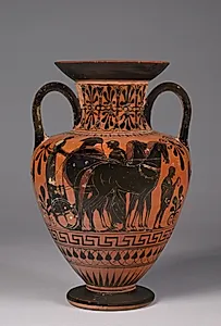 Black-Figure Neck-Amphora (Storage Vessel): Departing Warrior with Chariot (A); Battling Warriors (B) by Unknown Artist