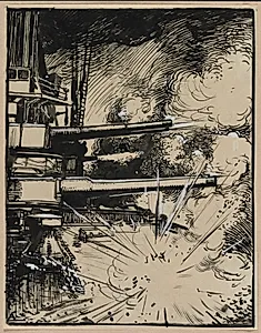 Bombe explosant sur un cuirasse aux canons braques by Auguste Louis Lepère (French, 1849–1918)