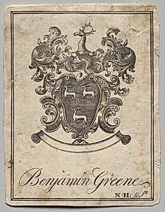 Bookplate:  Coat of Arms with Benjamin Greene inscribed