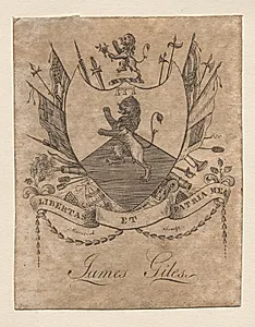 Bookplate:  Coat of Arms with James Giles inscribed below by Peter Rushton Maverick (American, 1755–1811)