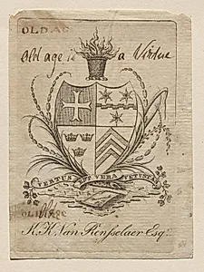 Bookplate:  Coat of Arms with K. K. Van Rensselaer, Esq. inscribed below by Peter Rushton Maverick (American, 1755–1811)