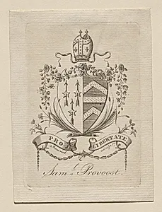 Bookplate:  Coat of Arms with Sam'l Provoost inscribed below by Peter Rushton Maverick (American, 1755–1811)