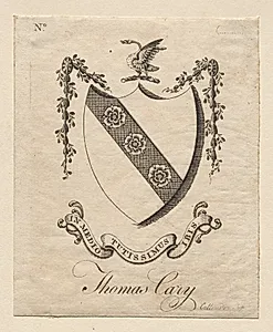 Bookplate:  Coat of Arms with Thomas Cary inscribed below