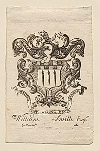 Bookplate:  Coat of Arms with William Smith, Esq. inscribed below by Joseph Callender (American, 1751–1821)