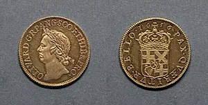 Broad: Oliver Cromwell Lord Protector (obverse); Crowned Shield of Arms (reverse)