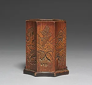 Brush Holder with Bamboo and Landscape Design by Unknown Artist