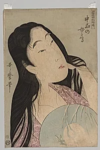 Bust of Woman with Loose Hair Holding Fan by Kitagawa Utamaro (Japanese, c. 1754–1806)