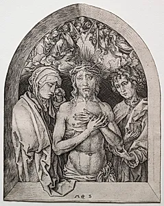 Christ as the Man of Sorrows between the Virgin and St. John by Martin Schongauer (German, c. 1450–1491)