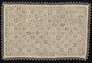 Cloth with One Figure of a Woman Carrying a Cross Surrounded by Floral and Vegetal Patterns by Unknown Artist