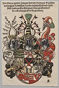Coat of Arms of John Frederic, Elector of Saxony, called the Magnanimous by Lucas Cranach (German, 1515–1586)